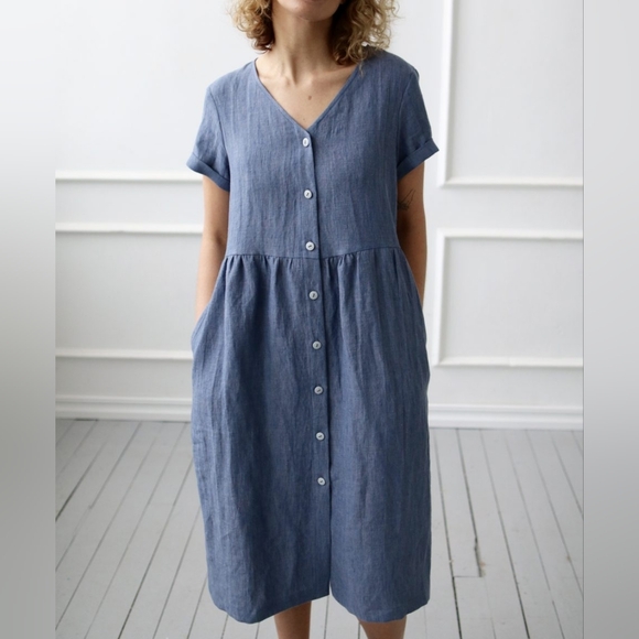 Offon Dresses & Skirts - OffOn Linen Dress With Buttons In Denim Chambray Blue Small